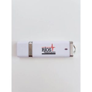 A white flash drive with the Rios Associates logo